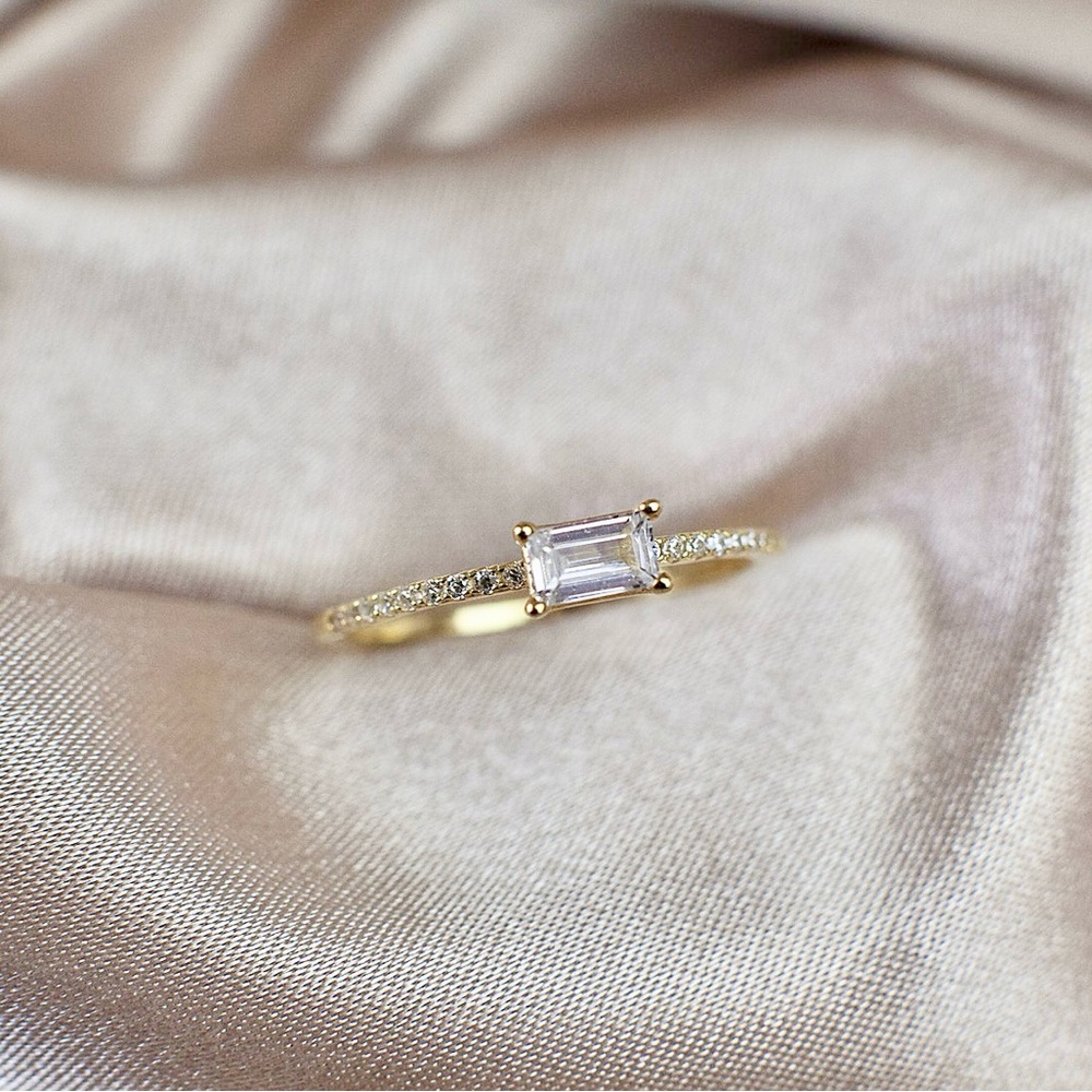 Dainty Baguette Stackable Gold Ring with Pave Band
